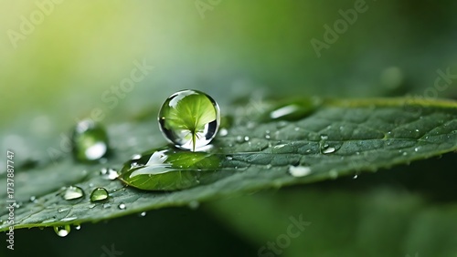 Macro close-up of a fresh dewdrop on a green leaf glowing in soft morning light, symbolizing purity and freshness.