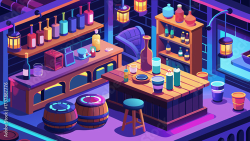 Isometric bar scene with beverage shelves, beer bottles, wine glasses, cocktail shakers, wooden counter, neon lights, alcohol barrels, modern decoration, refreshing drinks, stylish interior, and 