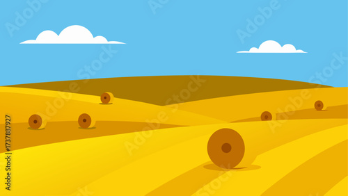 Cartoon field with hay bales and blue sky