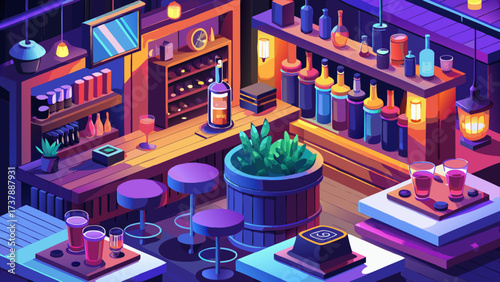 Isometric bar scene with beverage shelves, beer bottles, wine glasses, cocktail shakers, wooden counter, neon lights, alcohol barrels, modern decoration, refreshing drinks, stylish interior, and 