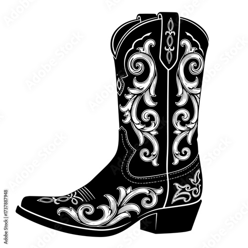 A bold black cowboy boot is brought to life with elegant, contrasting white scrollwork, merging classic Western style with intricate graphic artistry.