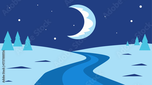 Winter landscape with moon and river view