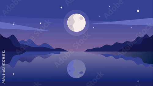 Moonlit night over the still water body