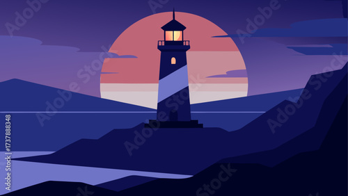 Lighthouse on coast at sunset landscape