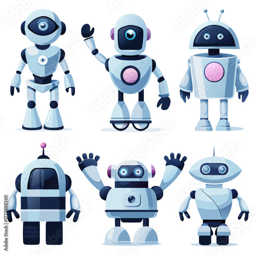 Cartoon robots, cyborg androids and robotic AI creatures vector characters. AI and droids, robo technology machines with digital artificial intelligence, mechanical robots