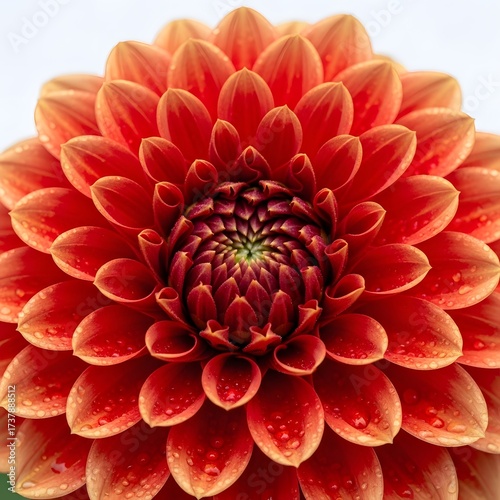 Vibrant close-up of a red dahlia flower with water droplets, showcasing intricate petal patterns