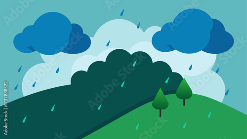 Cartoon landscape with rain and two trees