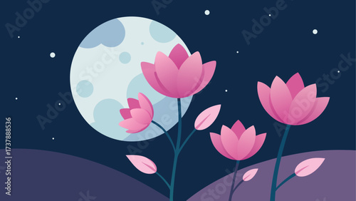 Pink flowers under the moonlight at night