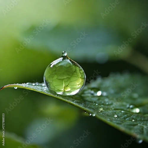 Macro close-up of a fresh dewdrop on a green leaf glowing in soft morning light, symbolizing purity and freshness.