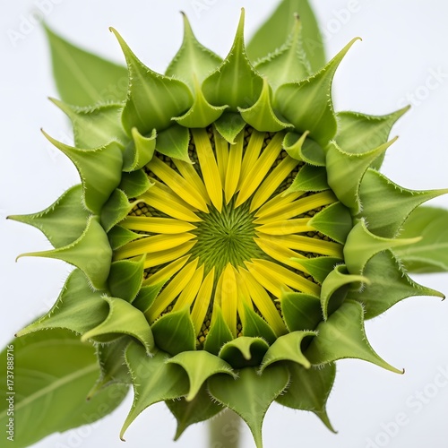 Close-up view of a sunflower bud showcasing vibrant green leaves and intricate petal formation