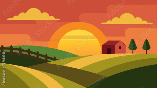 Landscape view of a farm at sunset time