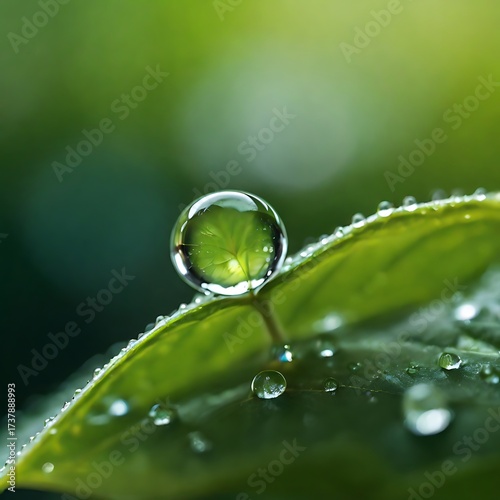 Macro close-up of a fresh dewdrop on a green leaf glowing in soft morning light, symbolizing purity and freshness.
