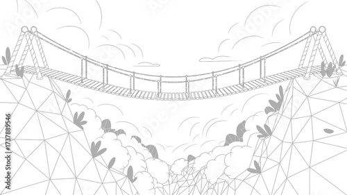 A line drawing of a suspension bridge over a valley filled with clouds and geometric mountainsides
