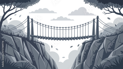 Illustration of a suspension bridge connecting two cliffs with trees and clouds in the background