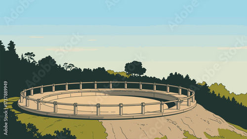 Circular platform with railing on a hill surrounded by trees under a blue sky in cartoon style