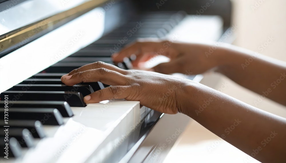 Obraz premium Focused image shows hands of a person playing a piano, fingers pressing down on the white and black keys, creating music indoors, showcasing a skill and practice.