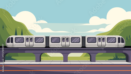 A cartoon illustration of a train on a bridge with mountains and sky in the background during daytime