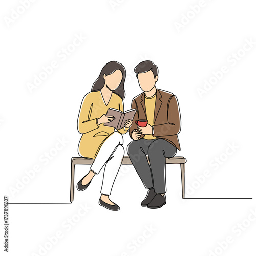 Couple reading book and drinking tea while sitting on bench  