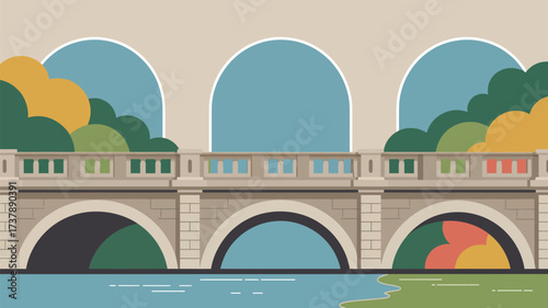 A cartoon style image of a bridge with three arches over water and trees on top of the bridge