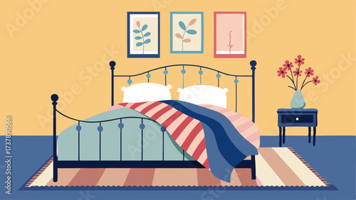 A guest bedroom with a wrought iron bed frame a cozy throw blanket and a mix of floral and striped bedding.