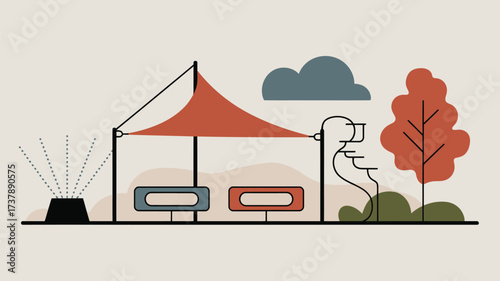 Illustration of outdoor seating area with canopy, cloud, tree, and sprinkler on a light background