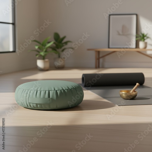 Zen meditation space with cushion, yoga mat, and singing bowl.
