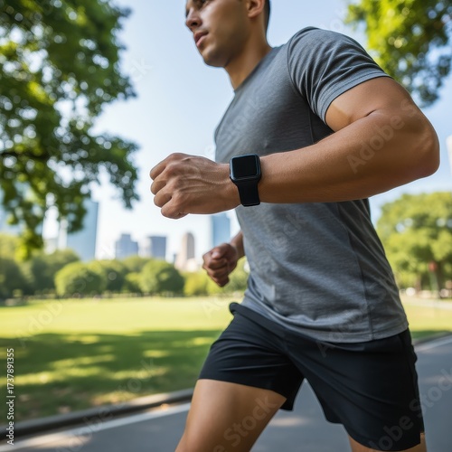 Fit man with smartwatch running in a city park