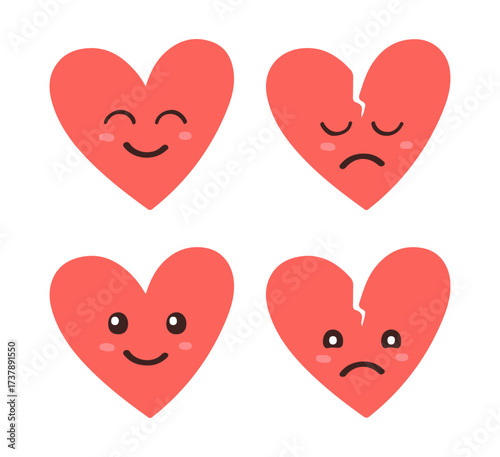 Emotional heart icon set. Editable vector illustration of happy and broken heart faces with expressions. EPS love and feeling pack