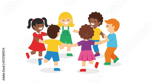 Animated illustration depicting a group of diverse children holding hands in a circle and having