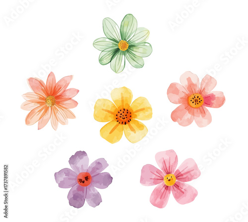 Watercolor Flowers Collection in Pink, Yellow, Green and Purple shades. Hand Painted Botanical Floral Illustrations for Children Illustration, Spring, Summer, Wedding and Nature Design.