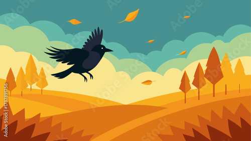 Crow flying over autumn landscape scene