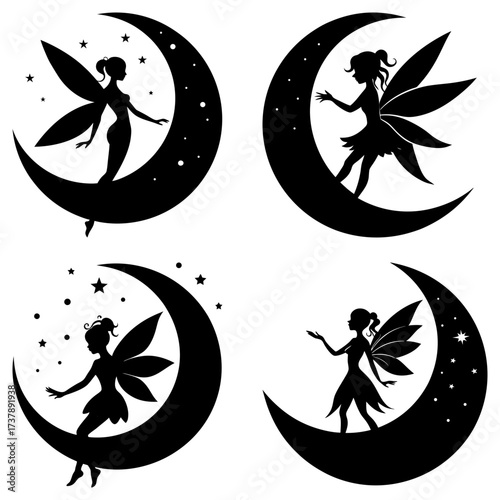 Four black silhouette fairy figures sitting on crescent moons with stars and dots around them art