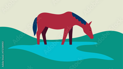 A horse drinking water in a green field
