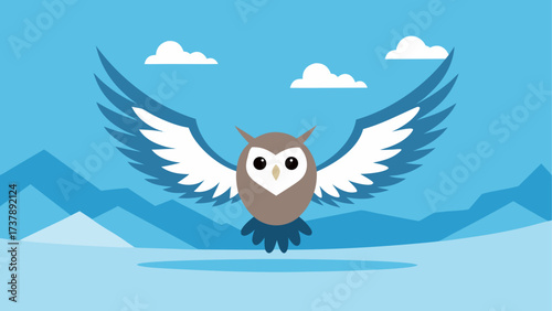 Cartoon owl flying over mountain scenery