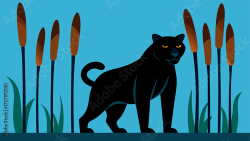 Black panther standing near cattails field