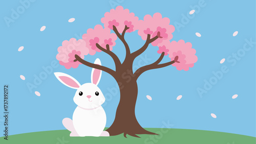 Bunny sitting under a flowering cherry tree