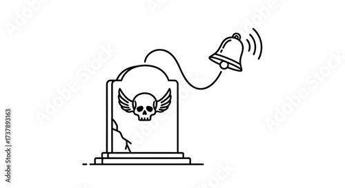 Minimalist tombstone with skull and wings illustration and a bell connected by rope design