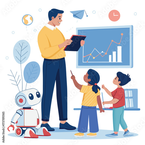 Vector art of teacher with children learning about artificial intelligence, man teaching kids about robot and technology