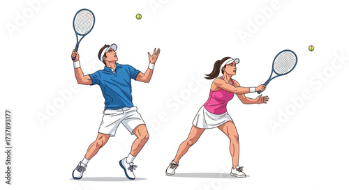 Dynamic tennis match illustration featuring a male player serving and a female player hitting