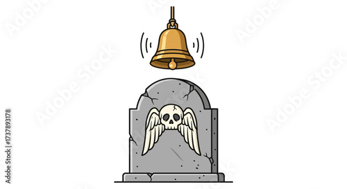 Cartoon illustration of a graveyard tombstone ringing bell for a spooky atmosphere