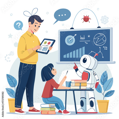 Vector art of enthusiastic teacher using a tablet to teach children about robots, with a graph in the background