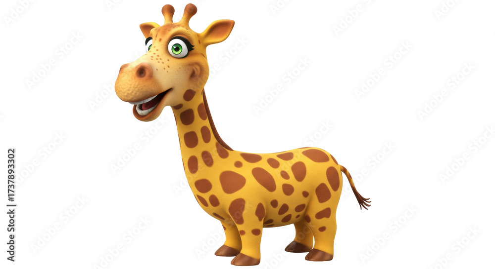 Naklejka premium Cartoon giraffe PNG isolated on transparent background, cute animal with brown spots for children s design and educational materials