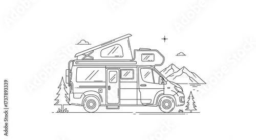 Minimalist outline of a campervan with pop-up roof amidst a scenic mountain landscape