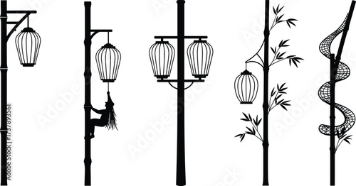 Decorative bamboo style street lamps with hanging lanterns, natural plant elements, people decorating lights, traditional festive Asian celebration vector.