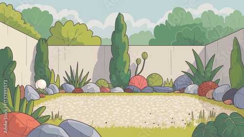 A cartoon backyard scene with plants stones and a white fence in the background and green grass