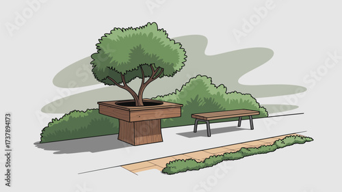 Illustration of a tree in a wooden planter box with a bench and bushes in a park setting outdoors