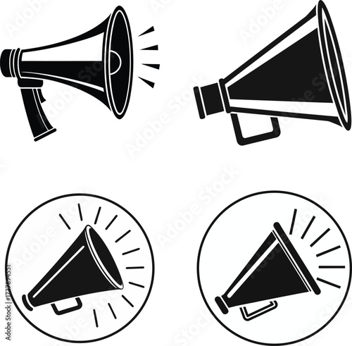 Black megaphone icons sound waves announcement communication