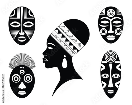 African Tribal Masks and Profile Silhouette Digital Illustration