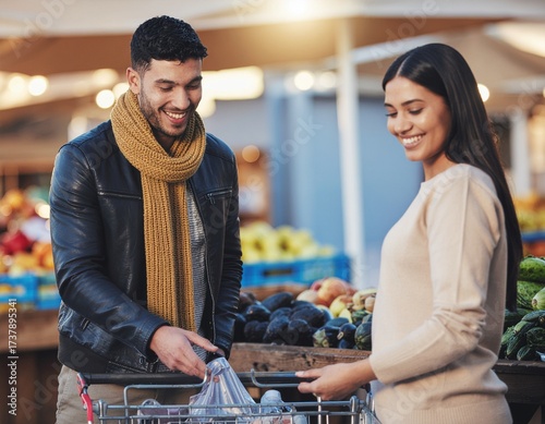 Happy Diverse Couples Shopping Together at a Farmers Market. Happy, Diverse, Couple, Shopping, Farmers Market, Lifestyle