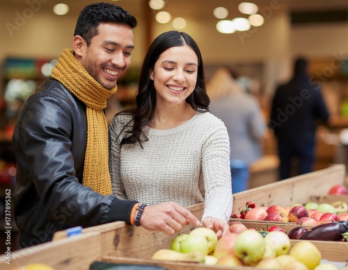 Happy Diverse Couples Shopping Together at a Farmers Market. Happy, Diverse, Couple, Shopping, Farmers Market, Lifestyle